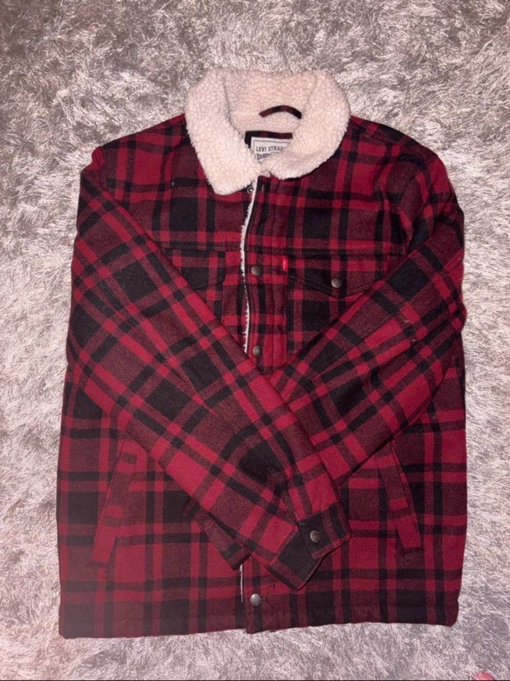 Levi's Red & Black Plaid Jacket with Cream Sherpa Collar
